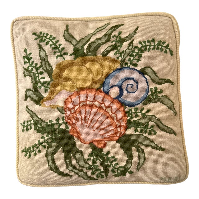 Vintage Costal Needlepoint Shell Pillow For Sale