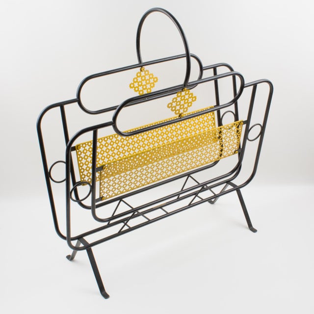 Metal Mathieu Matégot Mid-Century Black, Yellow Lacquered Metal Magazine Holder For Sale - Image 7 of 17