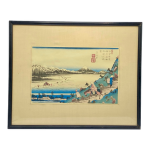Framed Woodblock Print Titled "No. 31, Shiojiri Pass: View of Lake Suwa" by Artist Keisai Eisen