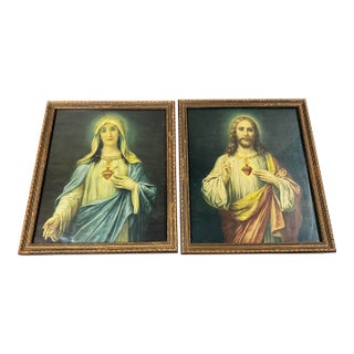 Pair of Rare Antique Religious Framed Prints of the Sacred Heart of Jesus and the Immaculate Heart of Mary For Sale