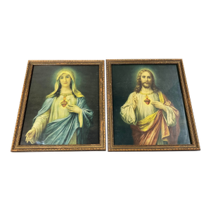 Pair of Rare Antique Religious Framed Prints of the Sacred Heart of Jesus and the Immaculate Heart of Mary