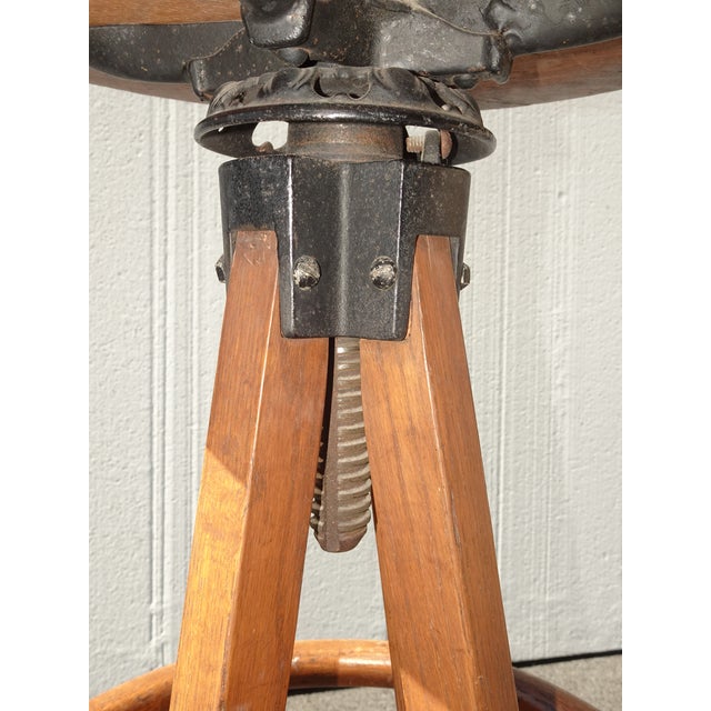Wood Antique Industrial Adjustable Swivel Oak Drafting Stool Barstool 1of3 ~ # 3 For Sale - Image 7 of 18