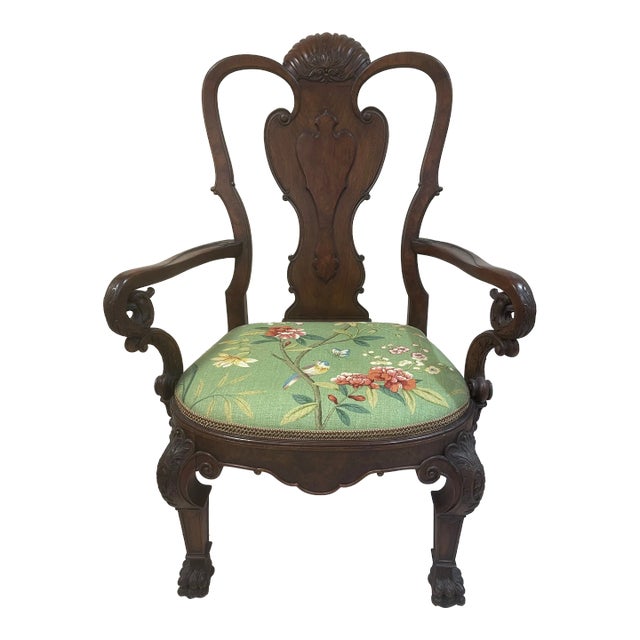 Antique Late 19th Century Finely Carved Eagle Head Queen Anne Style Armchair in Scalamandré Linen Print For Sale