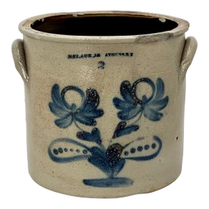 Nice Antique American Hand Decorated Blue Flower Stoneware 2 Gallon Crock by N. Clark Jr. Athens New York