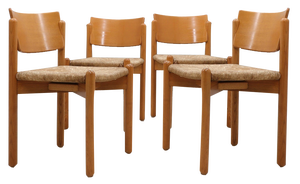 Vintage Wooden Dining Chairs with Straw Seat, 1970s, Set of 4