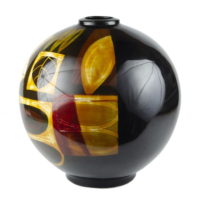 Art Deco Early 20th Century Art Déco Enameled Ceramic Bulbous Decorative Vase With Vegetal and Geometric Motifs, France For Sale - Image 3 of 9