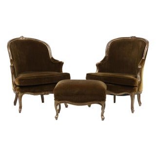 Late 20th Century Near Pair of Louis XV Style Carved Bergeres and Ottoman For Sale