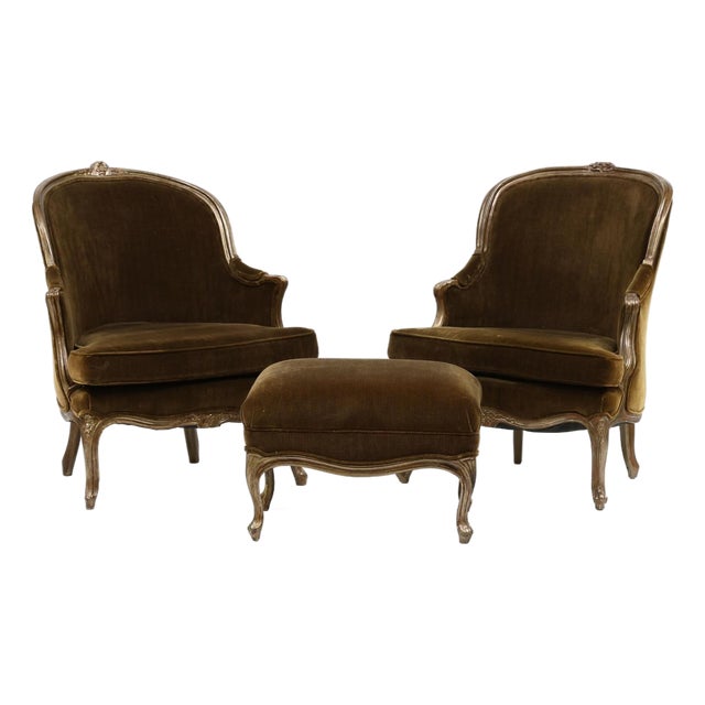 Late 20th Century Near Pair of Louis XV Style Carved Bergeres and Ottoman For Sale
