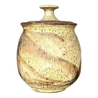 Vintage Boho Signed Studio Pottery Lidded Urn For Sale