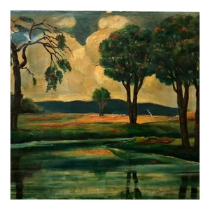 Maurice Kish, Early Modernist River Landscape with Trees and Mountains WPA artist, 1931