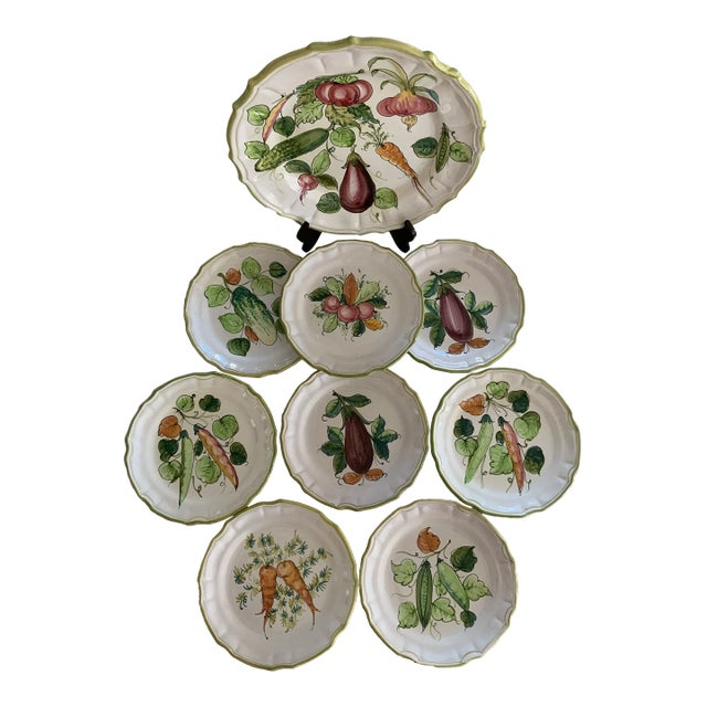 Vintage Italian Vegetable-Themed Platter With Salad Plates, 9 Piece Set For Sale