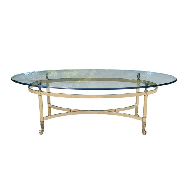 Vintage Italian LaBarge Hollywood Regency Brass Plated Coffee Table with a thick rounded edge elliptical glass top TOTAL...