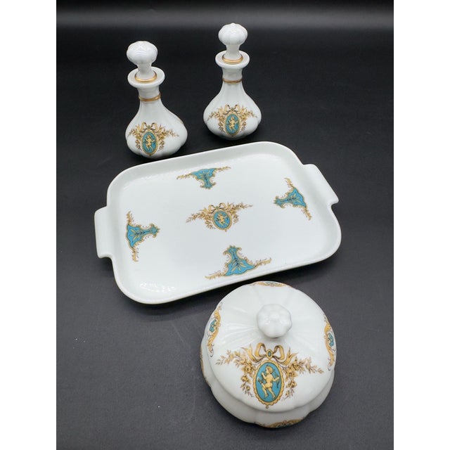 Antique Limoges France porcelain vanity set, four pieces total. Rare find. This set was made for high-end boudoirs, two...