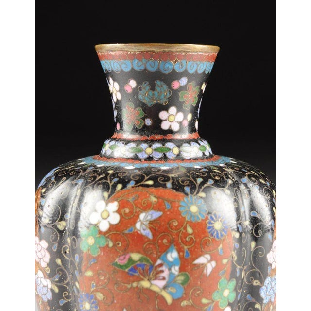 Pair Diminutive Japanese Polychrome/goldtone, Black Enameled Cloisonné Bud Vases. Each of ovoid form with tapering lobed...