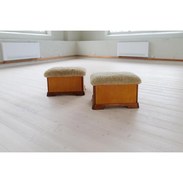 Wood Swedish Art Deco Ottomans in Lacquered Birch with Sheepskin Seats, 1940s, Set of 2 For Sale - Image 7 of 12