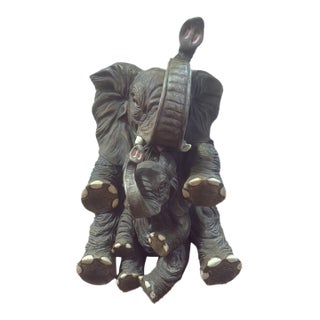 Vintage Resin Mother and Baby Elephant Statue With Trunks Raised For Sale