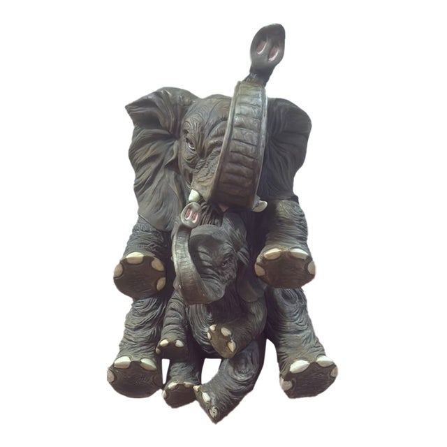 Vintage Resin Mother and Baby Elephant Statue With Trunks Raised For Sale