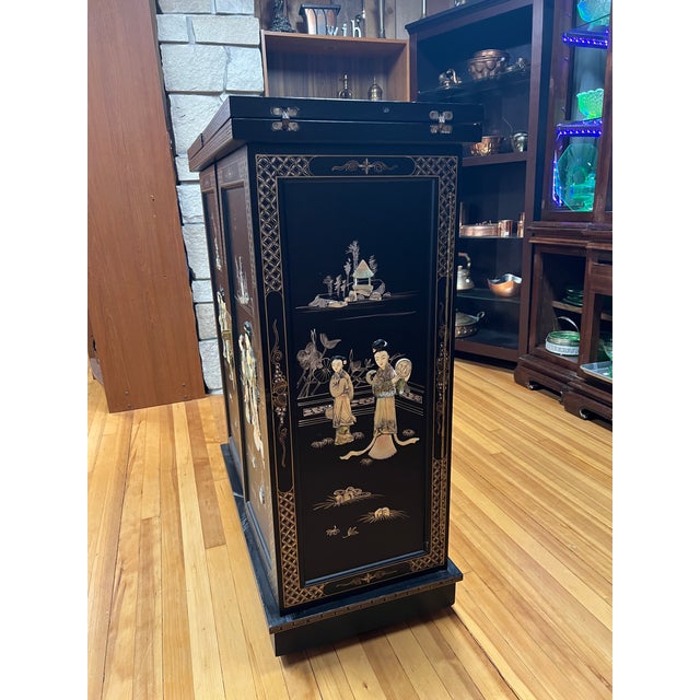 Paint Vintage Chinese Export Black Lacquer Mother-of-Pearl Folding Bar Cabinet, C. 1950s For Sale - Image 7 of 12