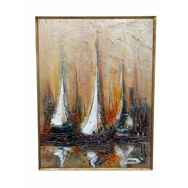 1973 Mid-Century Modern Danny Garcia Original Abstract Sailboat Harbor Acrylic Painting – Framed For Sale - Image 9 of 9