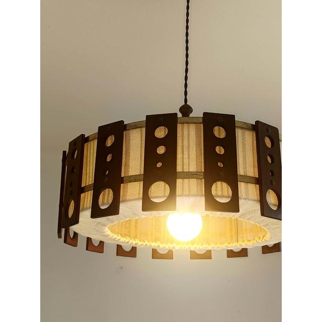 Beige Scandinavian Teak and Fabric Pendant Light, 1960 For Sale - Image 8 of 11