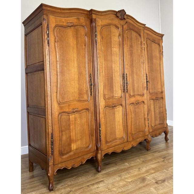 Vintage French Louis XVI Style Carved Oak 4-Door Wardrobe For Sale - Image 4 of 18