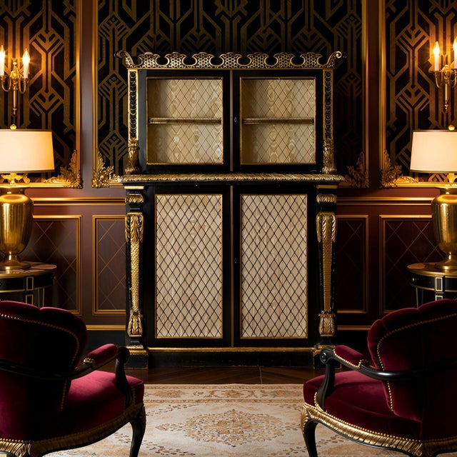 REGENCY PARCEL-GILT AND EBONIZED BOOKCASE CABINET Continental, circa second half of the 19th century 59 3/8" H x 17 1/4" D...