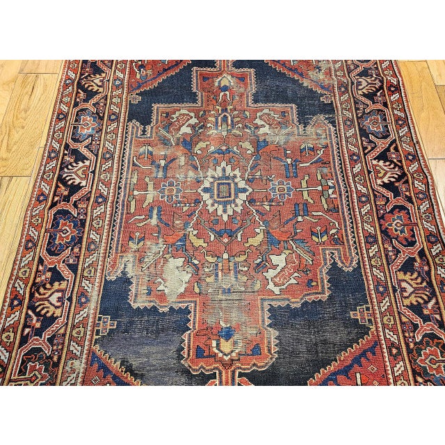 19th Century Persian Farahan Gallery Rug, Hand-Knotted Wool, Geometric Pattern, Red & Navy, 5x10 For Sale - Image 11 of 17