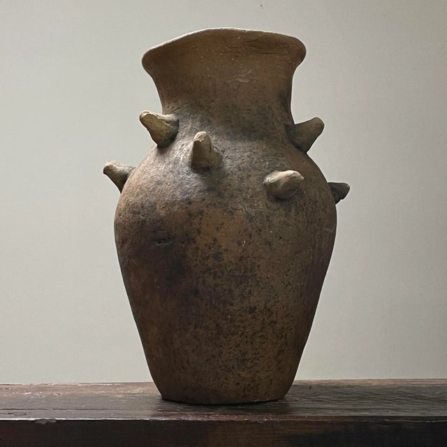 Vintage Brutalist Oaxacan Hand Built Wood Fired Spiked Clay Vase For Sale - Image 4 of 10
