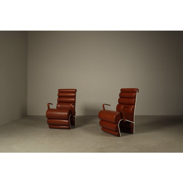 Sculptural Cognac Leather Armchairs with White Metal Frames, 1970s, Set of 2 For Sale - Image 16 of 16