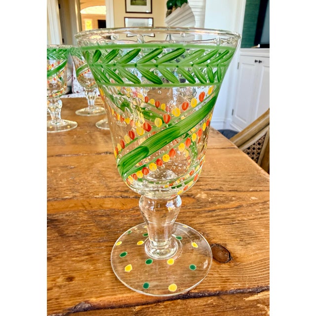 Six hand-painted Italian art glass goblets, made by VIETRI artisan studio specializing in Italian mouth-blown glassware....