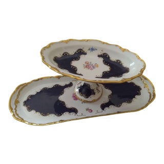 Mid 20th Century Reichenbach Porcelain Kobalt Oblong Serving Tray and Small Pedestal - 2 Pieces For Sale