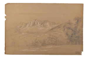 Alpine Landscape - White Chalk on Brown Paper by M.H. Yvert - Late 1800 Late 19th Century