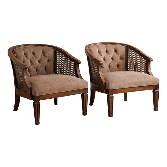 Pair of 1970s Cane-Back Lounge Chairs With Curved Wood Frames — Jayme Avenue Estate For Sale