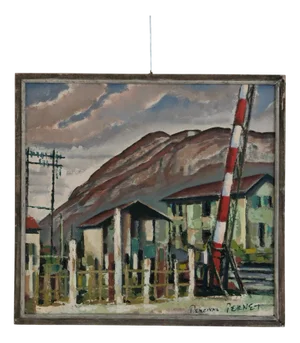 Percival Pernet, The Level Crossing and Salève, Oil on Wood, 1950s, Framed