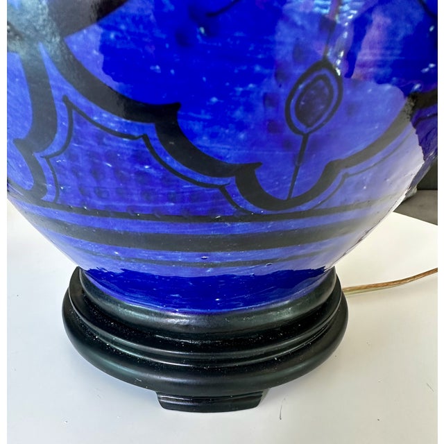 Vintage Moorish Safi Hand-Painted Cobalt Ceramic Table Lamps - Pair For Sale - Image 12 of 17