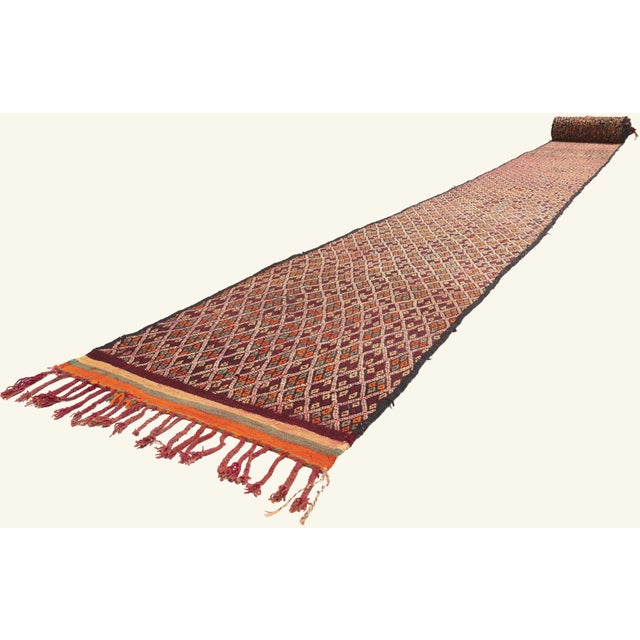 21969 Vintage Taznakht Moroccan Kilim Rug, 02'04 x 50'08. The Threshold Guardian: A Vintage Taznakht Moroccan Masterpiece...