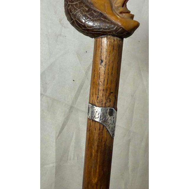 Antique 1800's Hand Carved Nut Wood Sterling Silver Man Face Walking Stick Cane For Sale - Image 12 of 17