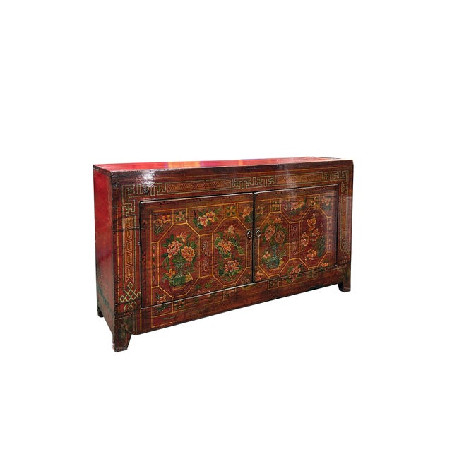 Asian Vintage Orange Red Brown Floral Graphic Credenza Sideboard Cabinet For Sale - Image 3 of 10