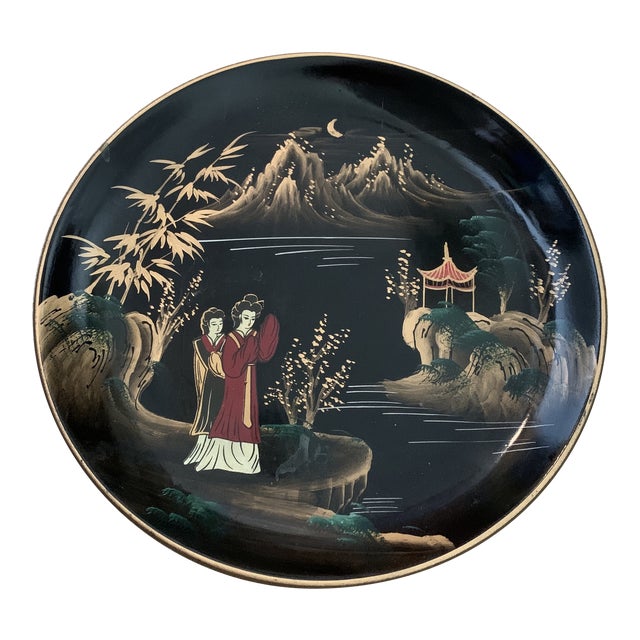 1980s Black Enamel Asian Plate For Sale