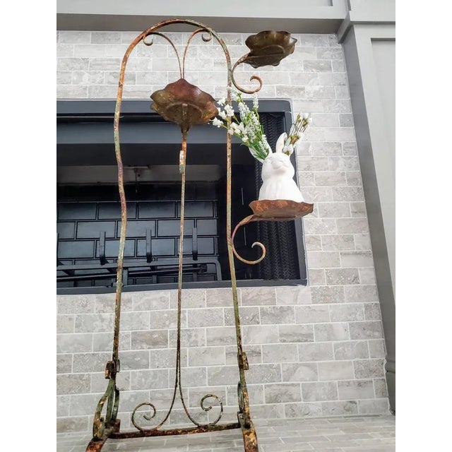 Green French Art Nouveau Period Antique Weathered Chippy Paint Wrought Iron Standing Tiered Candle Holder Floor Display Plant Stand Sculpture For Sale - Image 8 of 11