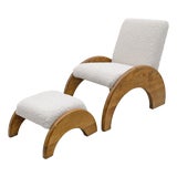 Set of Lounge Chair and Ottoman in Curved Wood and Ivory Bouclé, 1960 For Sale
