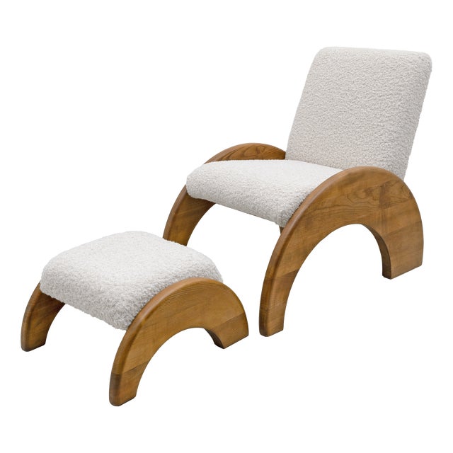 Set of Lounge Chair and Ottoman in Curved Wood and Ivory Bouclé, 1960 For Sale
