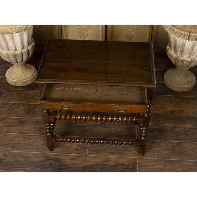 English 19th Century Oak Bobbin Leg Table with Single Drawer and Cross Stretcher For Sale - Image 11 of 12
