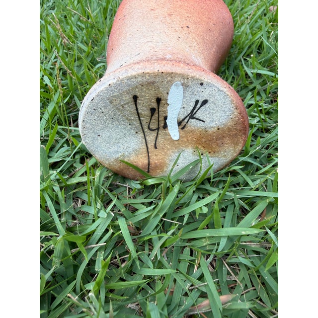 Vintage 15.5” Signed Studio Pottery Vase With Earth Tone Drip Glaze For Sale - Image 9 of 11