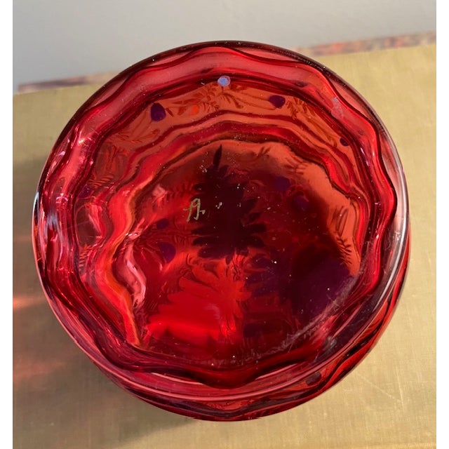 Late 19th Century Antique Cranberry Glass Dresser/Trinket Box With Hand Painted Enamel Details Signed For Sale In Philadelphia - Image 6 of 6