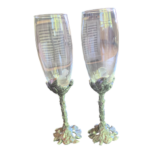 Vintage 1995 Champagne Flutes With Roses Designed in Seagull Canada Pewter Stems- Set of 2