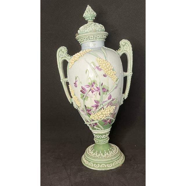 Paint Antique Nippon Hand-Painted Moriage Covered Urn Vase – 13” For Sale - Image 7 of 12
