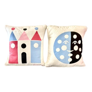 Early 2000s Maximo Alexander Girard "House" & "Moon" 17 X 17 Linen Pillows - Pair For Sale