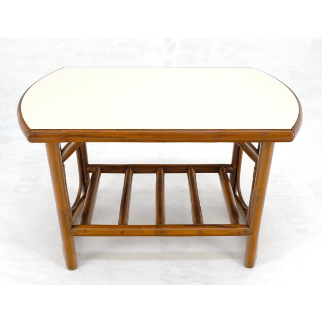 Bamboo Rattan Side End Table Mid Century Modern c1970s White Laminate Top MINT For Sale - Image 16 of 16