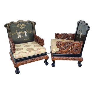 Chinese Hand-Carved Dragon Throne Armchairs Pair For Sale